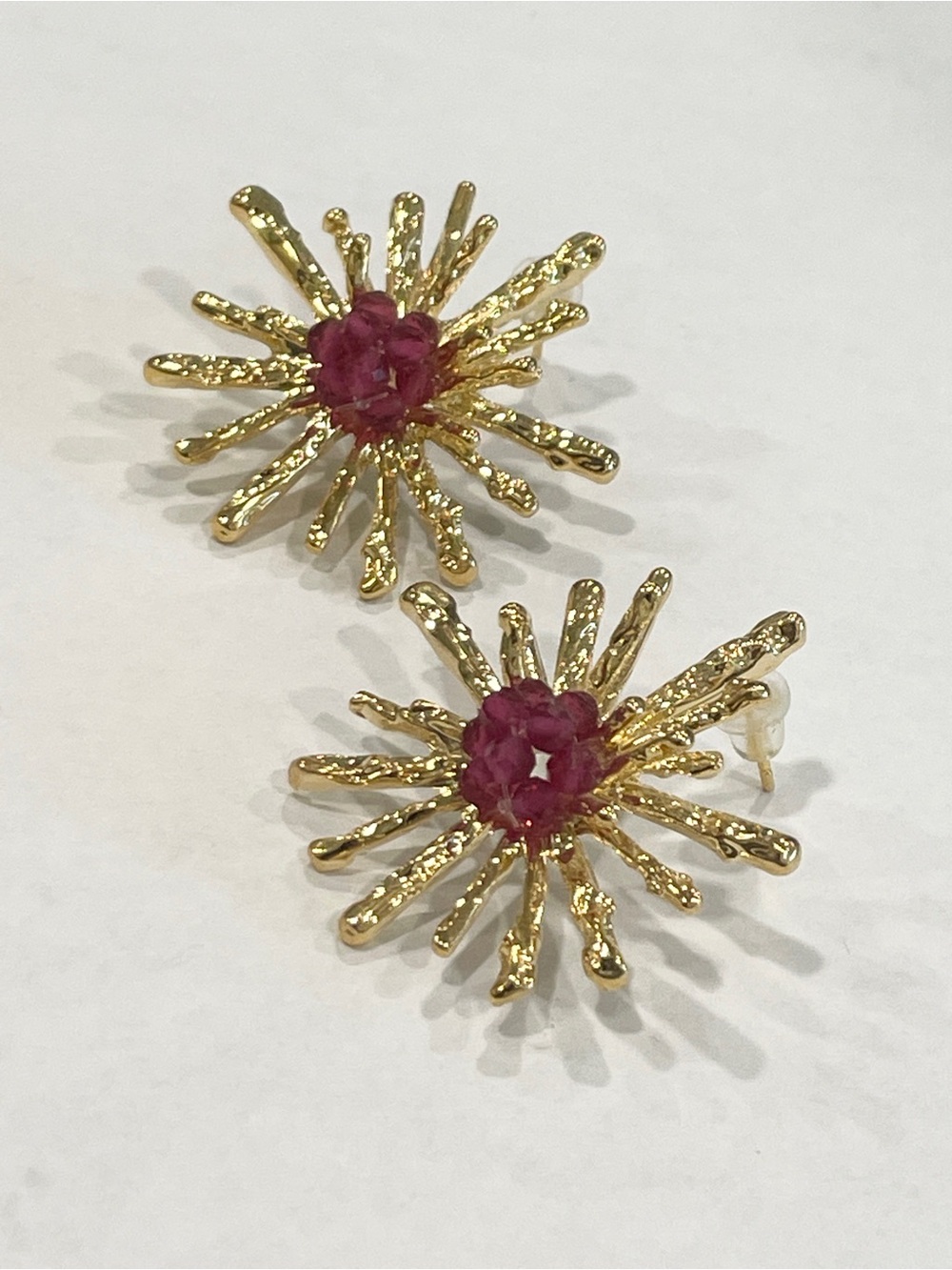 Gold Tone Starburst Stud Earrings with Pink Crystal Cluster Center Statement